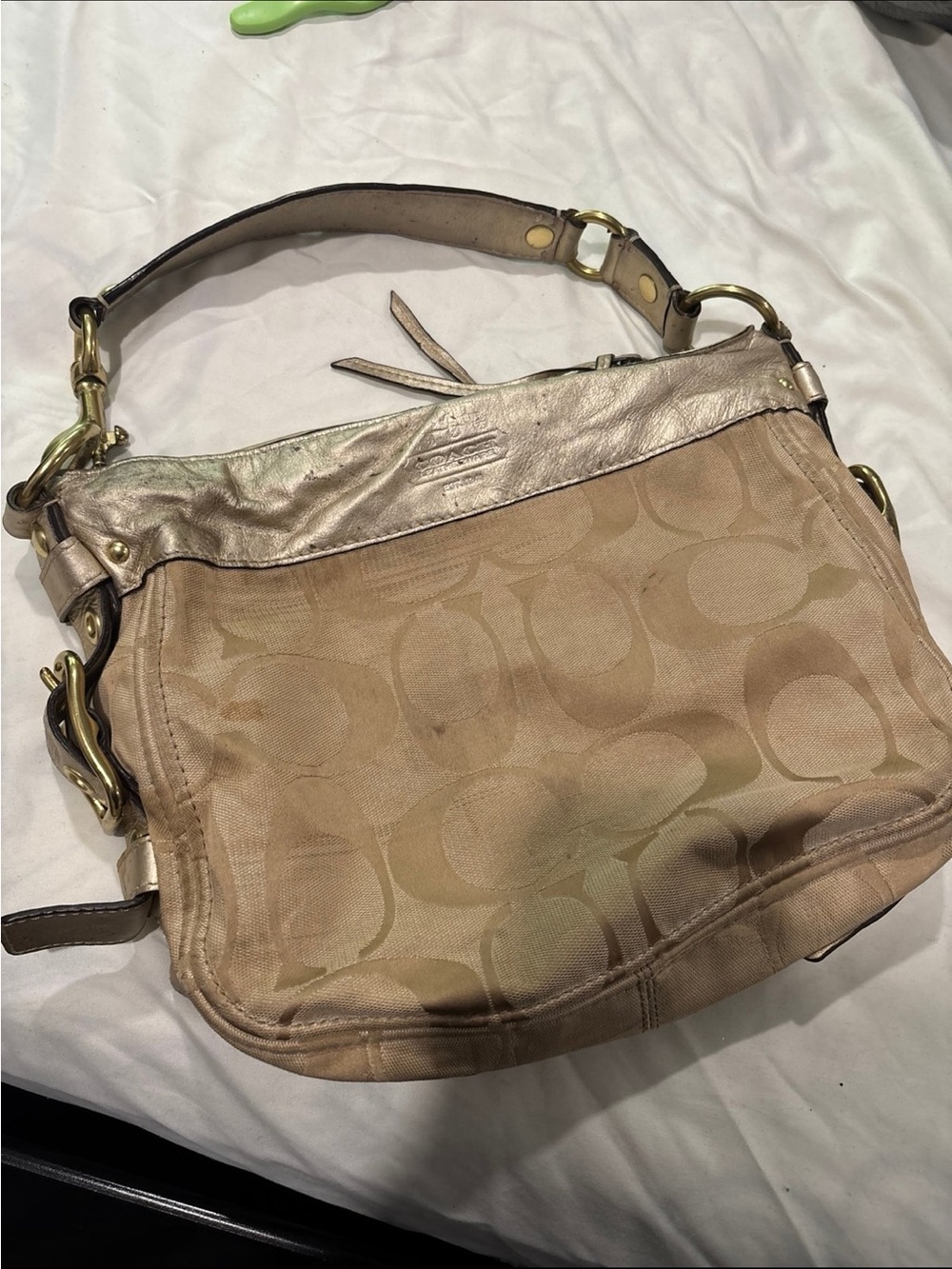 Coach Beige Signature Shoulder Bag with Metallic Trim